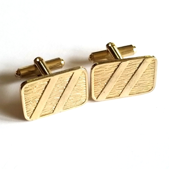 Vintage cuff links gold tone rectangular diagonal lines cufflinks mens jewelry - Picture 1 of 9
